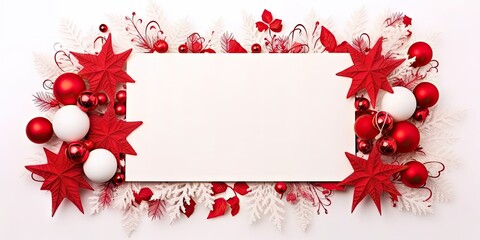 Festive frame. Christmas celebration with decorative red and white border. Winter wonderland. Blank xmas card with seasonal decorations and copy space