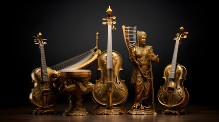 Obraz na płótnie Canvas Ancient vintage instrument displays. Collection of ancient vintage Oriental musical instruments. Generative AI