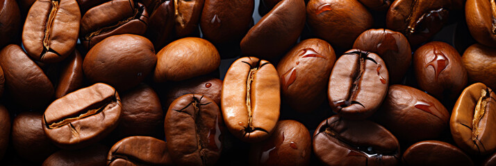 Fresh coffee beans banner. Coffee beans background. Close-up food photography - obrazy, fototapety, plakaty