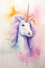 Obraz na płótnie Canvas Unicorn watercolor background. Cute adorable unicorn card