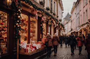 A quaint European street on Saint Nicholas Day, adorned with festive decorations and lights, shoppers carrying bags of gifts