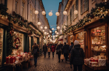 Fototapeta na wymiar A quaint European street on Saint Nicholas Day, adorned with festive decorations and lights, shoppers carrying bags of gifts