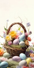 Easter card. Easter eggs and spring flowers in a wicker basket. Happy Easter