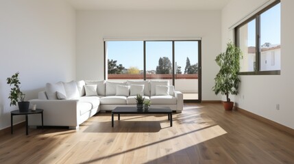 Interior of minimalist living room in modern apartment. White walls, hardwood floor, comfortable white corner sofa, coffee table, indoor plants in ceramic pots, large windows with city view. Mockup.