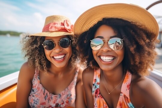 Two multiethnic young women taking selfie on summer vacation. Beautiful diverse girls in colorful sundresses laughing happily. Happy millennial female friends having fun together outdoors.