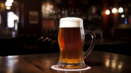 Mug of beer with foam frothy head on wooden table in an English pub background, exuding a warm and inviting atmosphere.