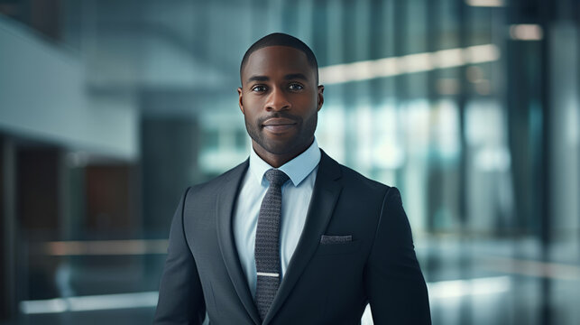 Portrait of black businessman in bright, modern office, generated with ai