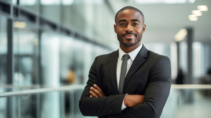 Portrait of black businessman in bright, modern office, generated with ai