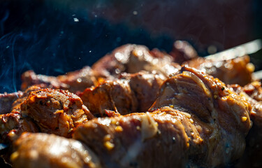 Tasty pork shashlik on the grill.