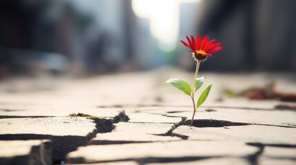 A lonely red flower grows from a crack in the asphalt road. Neutral blurred background. Place for text. - obrazy, fototapety, plakaty