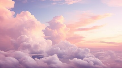 Blue sky with fluffy pink clouds at sunset, dawn of the day. Warm pastel colors, serene romantic background.