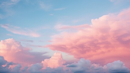 Blue sky with fluffy pink clouds at sunset, dawn of the day. Warm pastel colors, serene romantic background. - obrazy, fototapety, plakaty
