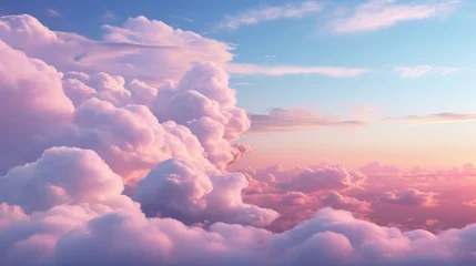 Zelfklevend Fotobehang Blue sky with fluffy pink clouds at sunset, dawn of the day. Warm pastel colors, serene romantic background. © photolas