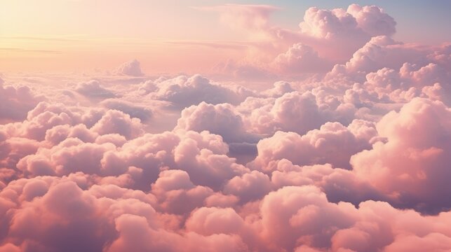 Fototapeta Blue sky with fluffy pink clouds at sunset, dawn of the day. Warm pastel colors, serene romantic background.