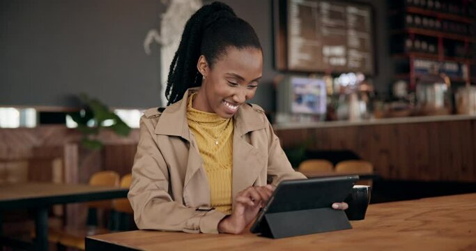 Happy, cafe and black woman with a tablet, typing and search internet with connection, thinking and social media. African person, freelancer or girl with technology, graphic designer and coffee shop