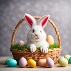 Fluffy gray bunny in a basket with Easter eggs on a dark background