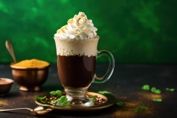 Irish coffee with cream and for St Patricks Day on green background
