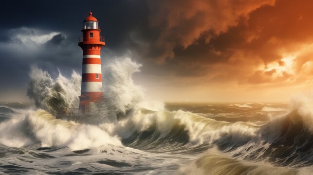 Big storm with big waves near a lighthouse. Sunset photo.