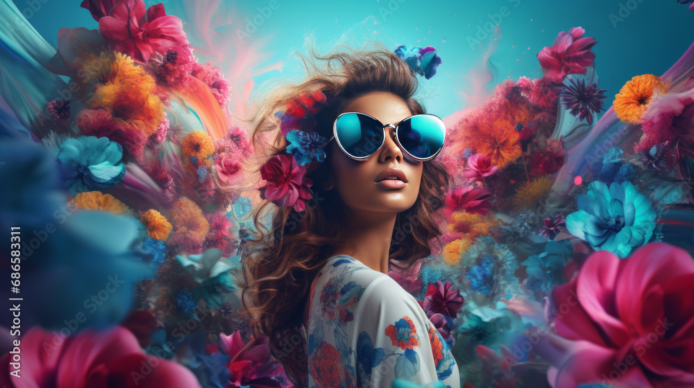 Wall mural Beautiful woman with sunglasses surrounded by a colorful floral world, generated with ai