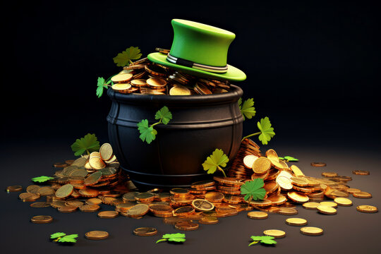 Brown pot with gold coins and leprechaun hat