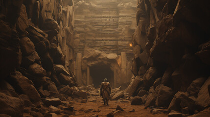 Medieval crusader soldier, facing away, discovers an abandoned mysterious temple among the rocks. Archaeology and fantasy landscape for a wallpaper.