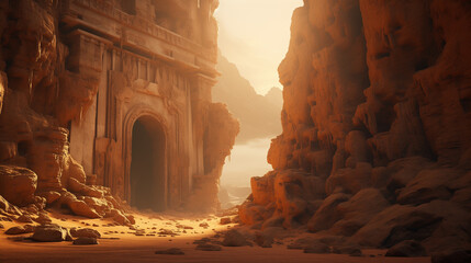 Fantasy ruins of a lost temple among the rocks in a desert, discovered during an archaeological exploration. Wallpaper similar to Petra, featuring golden light from the sunset - obrazy, fototapety, plakaty
