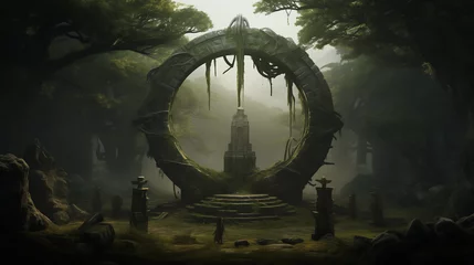 Keuken spatwand met foto Ancient magical stone circle crafted by druids in a forest with trees for an ancestral pagan ritual. Wallpaper of a people-free landscape, depicting an epic fantasy history in green hues. © Domingo