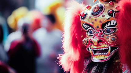 Man at festival wearing traditional Chinese masked costume