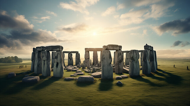 Stonehenge against a beautiful sky with clouds and a radiant sun, casting shadows on the grass. Postcard of the megalithic monument, a type of Cromlech
