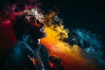 Mann mit Sonnenbrille in buntem Rauch vor schwarzem Hintergrund - Generative AI