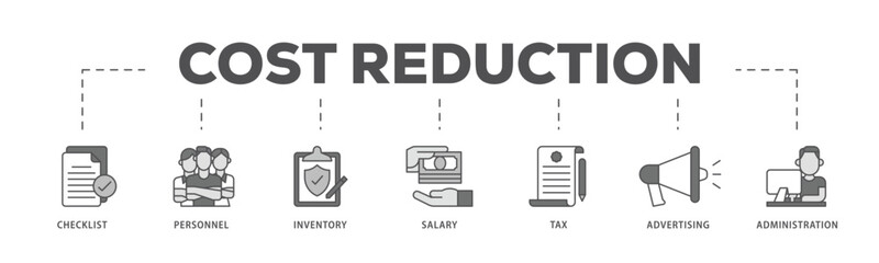 Cost reduction infographic icon flow process which consists of checklist, personnel, inventory, salary, tax, advertising and administration icon live stroke and easy to edit  - obrazy, fototapety, plakaty