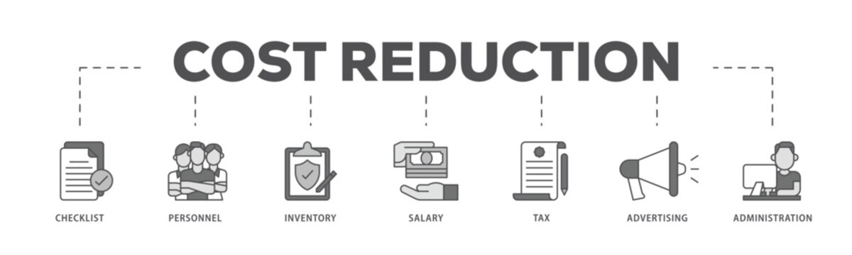 Cost reduction infographic icon flow process which consists of checklist, personnel, inventory, salary, tax, advertising and administration icon live stroke and easy to edit 
