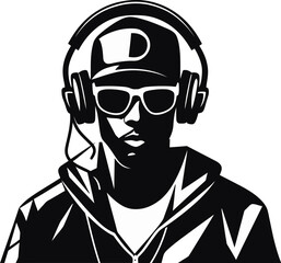 Nocturnal Groove DJ Player Icon in Black Vector Vector Vortex Cool DJ Player Man in Black