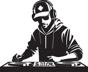 Spin Symphony Black DJ Man Vector Logo Magic Nocturnal Groove DJ Player Icon in Black Vector