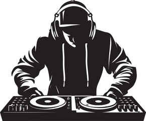Spin Symphony Black DJ Man Vector Logo Magic Nocturnal Groove DJ Player Icon in Black Vector