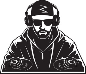 Mixtape Maestro DJ Player in Sleek Black Vector Bassline Bliss Cool DJ Man Icon Vector Logo