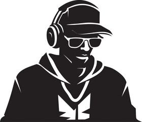 Vector Vortex Cool DJ Player Man in Black Sonic Silhouette Black DJ Man Logo Brilliance
