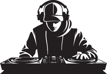 Bassline Elegance Cool Black DJ Vector Logo Nightlife Noir Dynamic DJ Player Icon in Black - obrazy, fototapety, plakaty