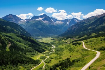 Fototapeta na wymiar Aerial View of Silverton, Colorado and Million Dollar Highway on an Immaculate Summer Day Surrounded by Mountains and Natural Beauty