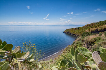 Cannitello beach seen from above with the Sicilian coasts in the background, Vulcano island - Aeolian islands archipelago IT