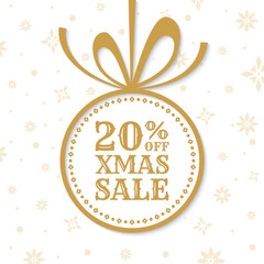 20% off. Xmas sale ball icon, tag or label. Christmas holiday discount banner or background design with 20 percent price off label or logo. Vector illustration. 