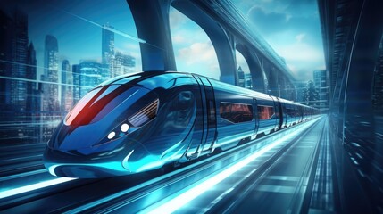 Futuristic Train in High-Speed Motion. Monorail Train Network in a Modern City Tunnel. 3D Rendering Technology for an Abstract & Fast Experience - obrazy, fototapety, plakaty