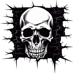 Obraz premium Enigmatic Fissure Skull Vector in Cracked Wall Design Shadowy Secret Black Skull Peeking from Wall Symbol