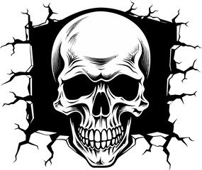 Obraz premium Shadowy Secret Black Skull in Cracked Wall Insignia Cryptic Canyon Peeping Skull from Cracked Wall Vector