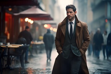 Man in a trench coat walking down a city street - Powered by Adobe