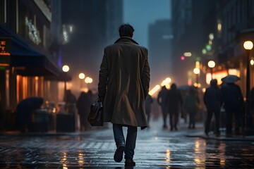 Man in a trench coat walking down a city street - obrazy, fototapety, plakaty