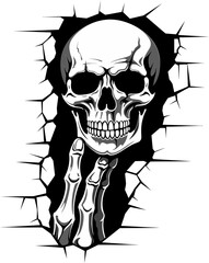Ominous Opening Black Skull Peeking from Wall Logo Ghostly Gash Vector Logo with Cracked Wall Skull