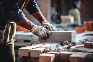 Laying Bricks for a DIY Barbecue. Professional Bricklayer at Industrial Site Building Cement BBQ Pit with Spatula and Level. - obrazy, fototapety, plakaty