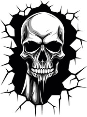 Lurking Lattice Cracked Wall Skull Emblem Design Phantom Fissure Black Skull Peeking from Wall Vector