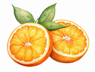 Fruit Orange cut in half with Leaf. Watercolour Illustration of Oranges with Leaves Isolated on White.